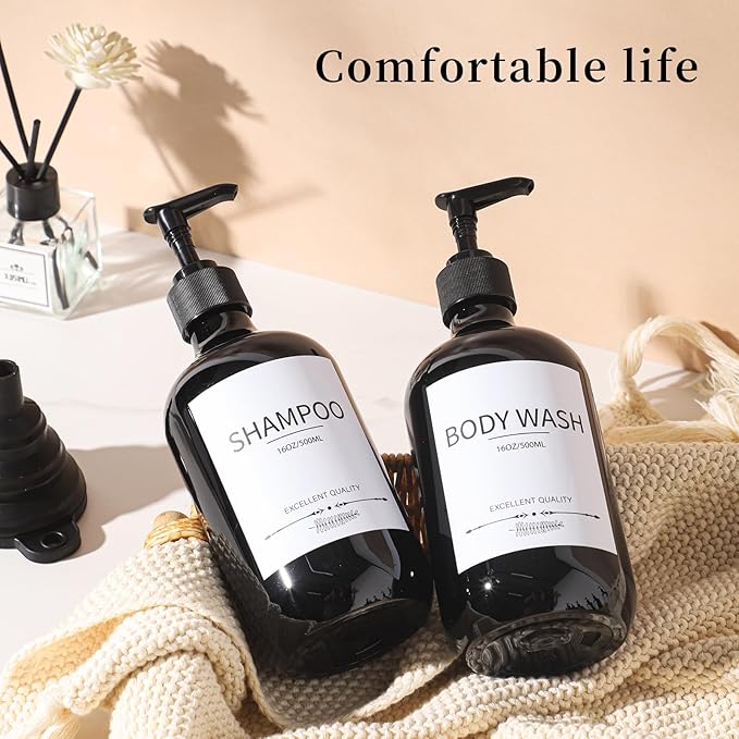 Stylish Shampoo Dispenser Bottles,(5Pack) 16.9oz Black Shampoo Bottles Refillable with Pump,Shampoo and Conditioner Dispenser
