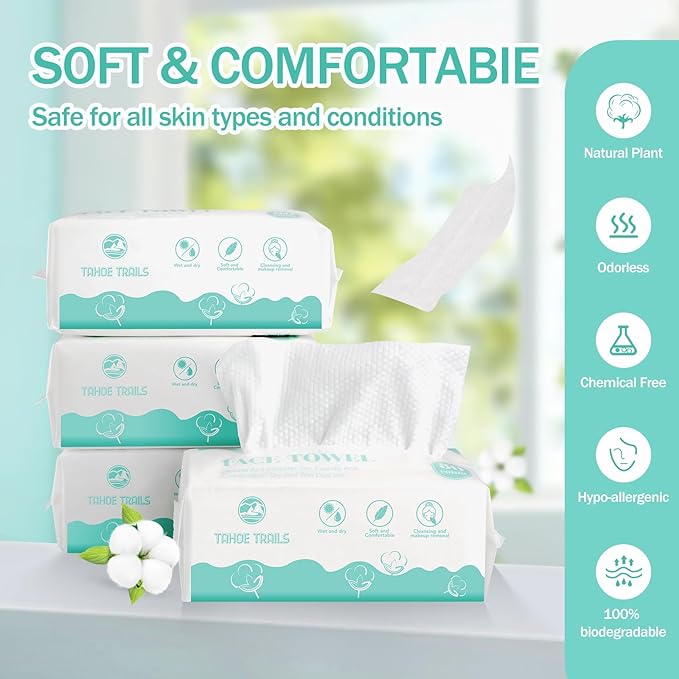 Tahoe Trails Disposable Face Towel, Soft Dry Wipe, Lint Free, Dry Wet Use for Sensitive Skin, Cotton Facial Tissue, Makeup Removing, Surface Cleaning 7.87 * 7.87inch, 80Count