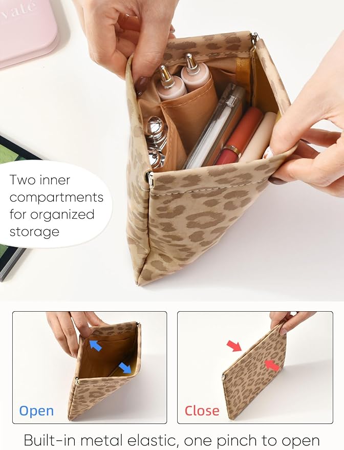 Leopard Leather Small Makeup Pouch for Women,Cosmetic Accessories,Waterproof and Portable Cosmetic Bag,Self-closing, No Zipper, Aesthetic Storage Pouch,Lipstick for Purse,Camel Color