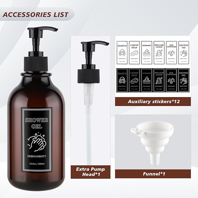 Shampoo and Conditioner Dispenser, Refillable Plastic Shampoo Pump Bottles with Waterproof Labels, Empty Body Wash Dispenser Set for Bathroom, Shower Soap Bottles (Brown)