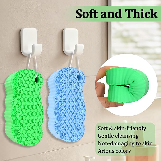 2Pcs Magic Exfoliating Bath Sponge, 3D Ultra Soft Deep Cleansing Body Sponge with Lanyard, Gently and Painlessly Removes Dead Skin & Impurities, Skin Friendly Reusable Sponges (Blue + Dark Green)