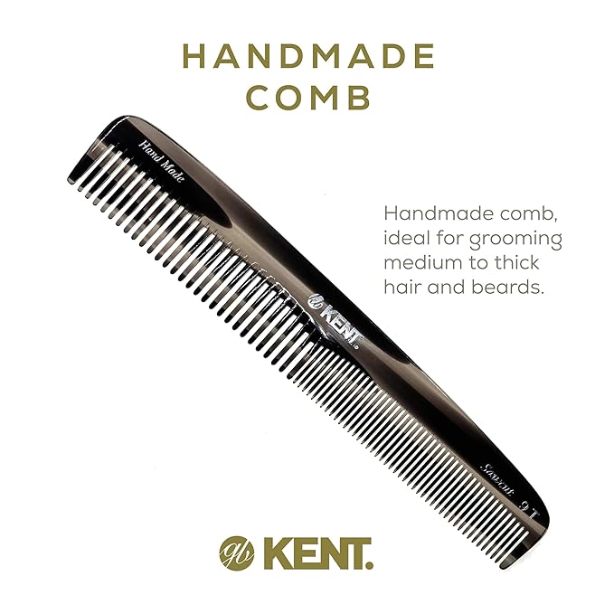 Kent 9T Graphite Fine and Wide Tooth Comb Detangler - Large Handmade and Saw-Cut Dressing Comb - Wet Hair Comb for Women and Durable Grooming Combs for Men Made in England