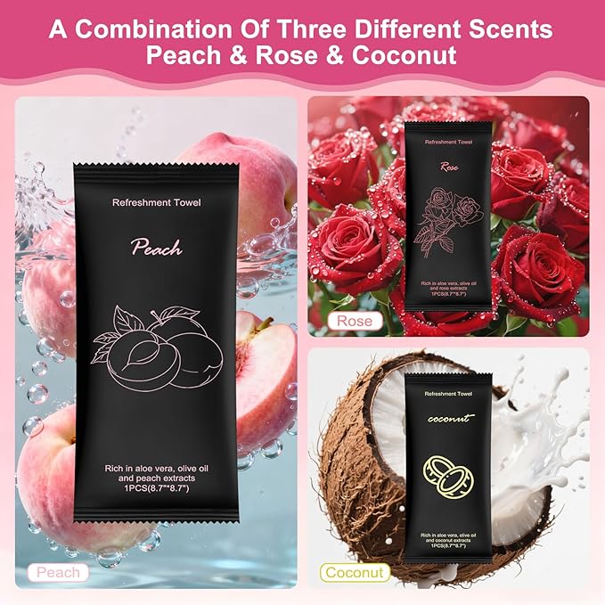 Moist Cotton Towel Bulk Moist Towelettes Individually Wrapped 8.7" x 8.7",White Towel Services,Refreshment Pre Moistened Towels Peach,Rose and Coconut for Sport Party Spa(Pack of 30)