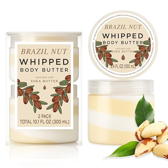 Princess Belle Brazil Nut Whipped Shea Body Butter, Body Moisturizer for Dry Skin, Smell Good, Brazil Nut Gifts for Women-2 Pack (3.4floz + 6.8 floz)