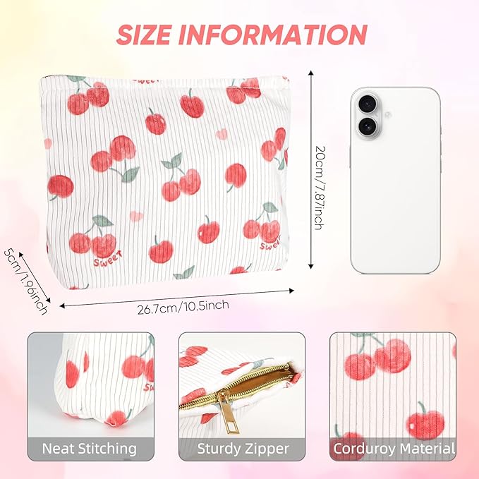Cute Makeup Pouch for Women Cherry Small Make Up Bag for Purse Zipper Initial Cosmetic Bags Pouches for Purse Aesthetic Travel Toiletrybags, Red Cherries