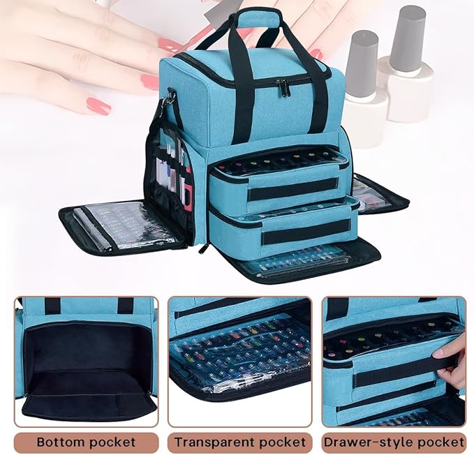 Nail Polish Organizer Case Holds 80 Bottles (15ml - 0.5 fl.oz) and a Nail Lamp,Nail Polish Case with 2 Removable Bags and Tools Storage Sections Lake Green