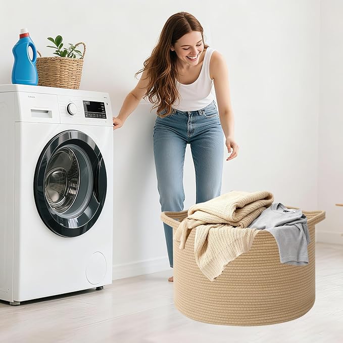 115L Large Blanket Basket,23.6" L x 23.6" W x 15.7" H Rope Woven Baskets with Handles, Toys Storage Bins,Laundry Basket Perfect for Living Room, Nursery,Bedroom,Home Organization,Camel