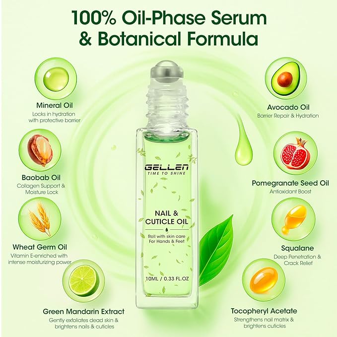 Gellen Cuticle Oil, Roll-On Nail Growth Oil, Nail Oil for Nail Growth & Repair & Strength, Green Citrus Avocado Baobab Oils Vitamin E, Nail Care for Damaged Skin & Thin Nails, Soften & Nourish Cuticle