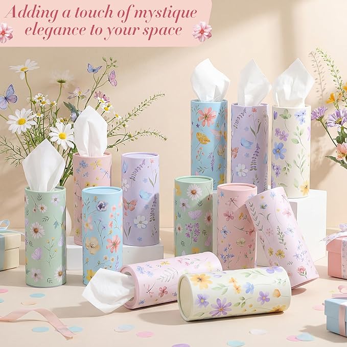 Outus 12 Pcs Floral Car Tissue Holder Cylinders with 3 Ply Facial Tissue Bulk, Portable Paper Dispenser for Cup Holder, Travel Bathroom Table Decor, Tissues Boxes Container for Home Office Party