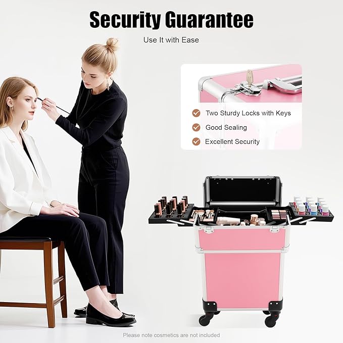 Rolling Makeup Train Case, Large Aluminum Alloy Cosmetic Trolley Case with Wheels & Retractable Handle, Lockable Storage for Makeup Artists, Lash Techs, Travel, Pink