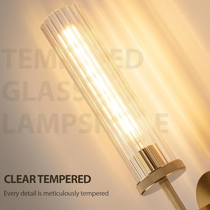 19.5" Knurled Gold Hardwired Wall Sconces Set of 2, Bathroom Vanity Light Fixtures with Vertical Striped Glass Tube, Modern Lamp Lighting for Bedroom, Living Room, Hallway, Staircase, Mirror, Kitchen