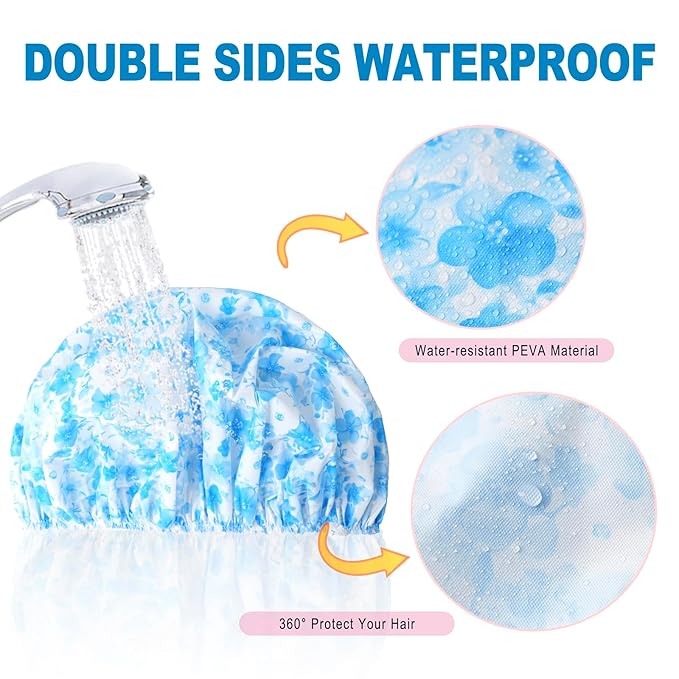 6 PCS Shower Caps for Women, Double Side Waterproof Shower Cap, Reusable Elastic Bath Caps for Shower, EVA Bathing Shower Caps, Bath Hair Caps - Plum Blossom