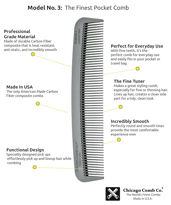 Chicago Comb Model 3 Carbon Fiber, Made in USA, Anti-static, 5.5 inches (14 cm) long, Fine-tooth, Pocket, Travel, EDC comb, Finer Hair and Beards