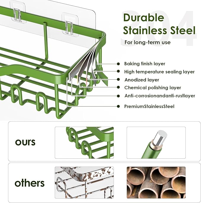Shower Caddy Adhesive Shower Organizer 7-Pack, Rustproof Stainless Steel Bathroom Shelves, Large Capacity No-Drill Rack Storage Accessories with Soap Dish Toothbrush Holder Hooks