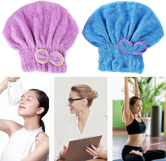 2 Pcs Microfiber Hair Drying Towels, Ultra Absorbent Cap Bowknot Turban for Women Adults or Girls, Multicolour