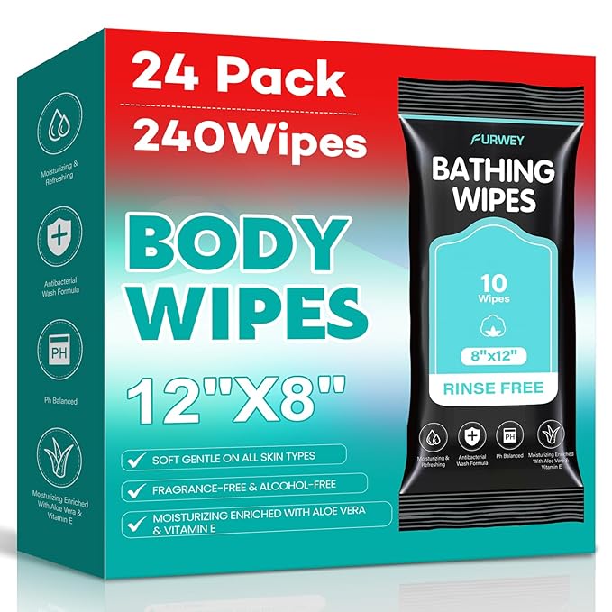 XL Bathing Wipes No Rinse for Adults – 24 Packs (240 Count)- Extra Thick & Large Shower Wipe, Ideal for Men, Women & Elderly – Soft & Gentle Disposable Bath Wipes - Camping & Travel Essentials