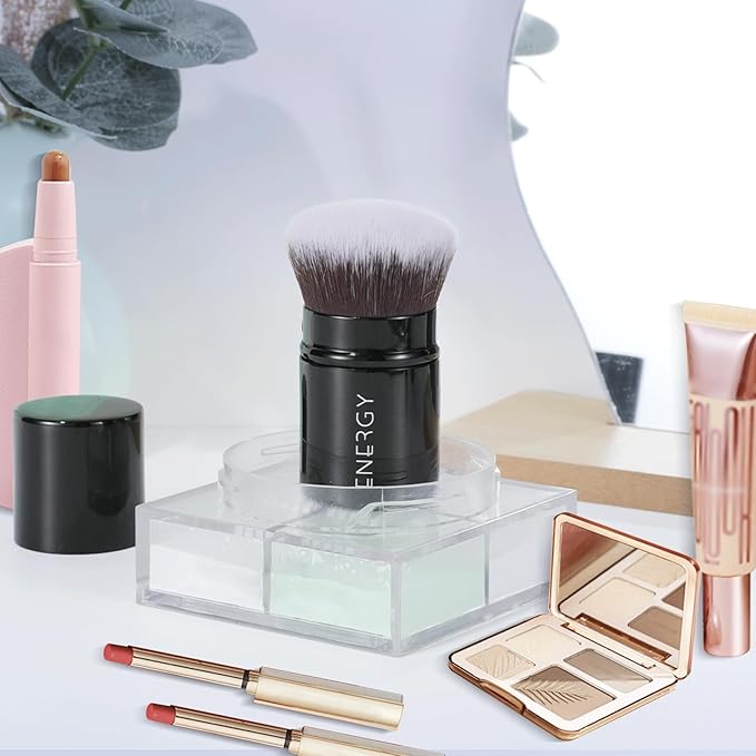 ENERGY Kabuki Brush Retractable - Makeup Kabuki Foundation Brush Travel for Liquid, Blush, Loose Powder & Cream Bronzer Blending, Buffing Cruelty-Free Face Makeup Brushes with Cover Mini (Black)