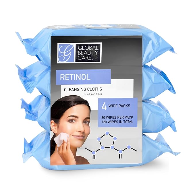 Global Beauty Care Retinol Makeup Remover Wipes with Collagen Renewing Support - Facial Cleansing Cloths, Remove Waterproof Mascara, Oil & Dirt, Texture Smoothing, All Skin Types, 120 Count (4-Pack)