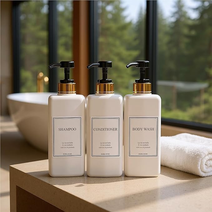 Shampoo and Conditioner Dispenser - Modern Gold Design Large 27oz Shower Soap Dispenser Set of 3, Refillable Empty Plastic Pump Bottles for Bathroom, 6 Waterproof Labels Included, Black