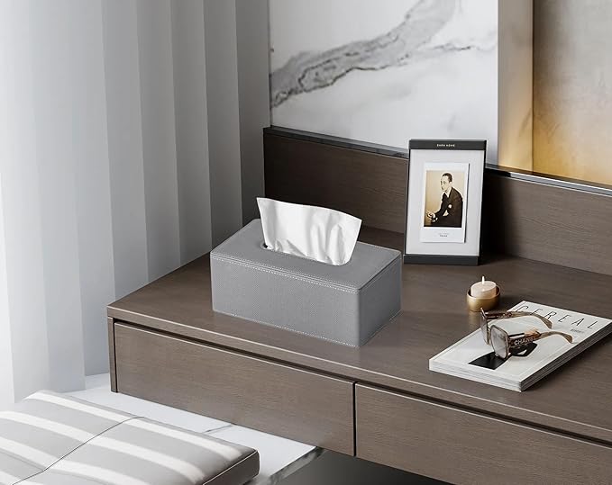 Tissue Box Cover Rectangular 9.8"(L) x 5.3"(W) x 4.3"(H) Refined Modern PU Leather Facial Tissue Dispenser Box Holder for Dresser Bathroom Decorative (Linen Grey)