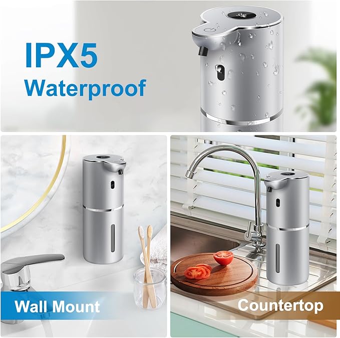 Automatic Liquid Soap Dispenser 12.8oz, Rechargeable & 6 Levels Soap Adjustable with Digital Display, Wall Mount, Waterproof, Touchless Hand/Dish Soap Dispenser for Kitchen, Bathroom, Hotel