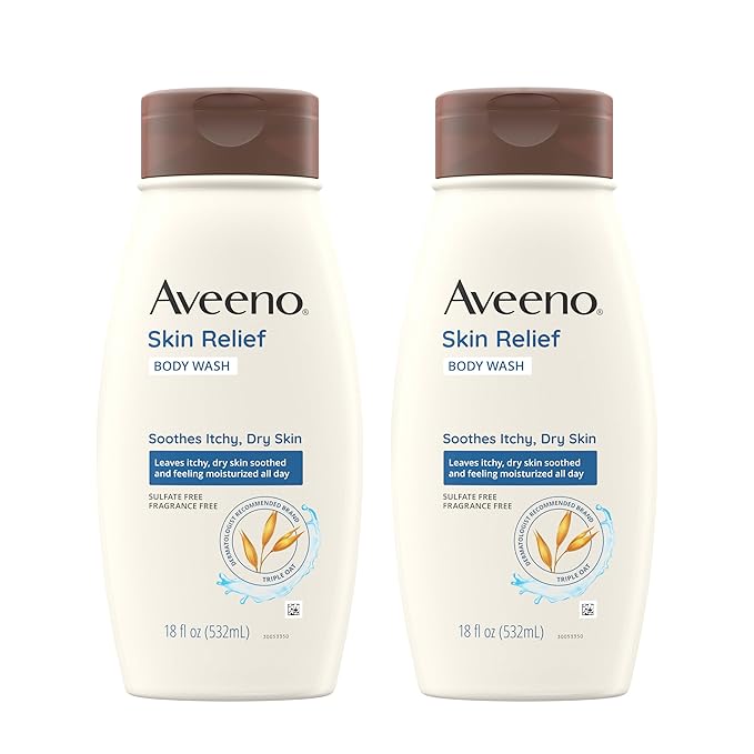 Aveeno Skin Relief Fragrance-Free Body Wash with Triple Oat Formula, Gentle Daily Cleanser for Sensitive Skin Leaves Dry Skin Feeling Moisturized, Sulfate-Free, 18 fl. oz, 2 Pack