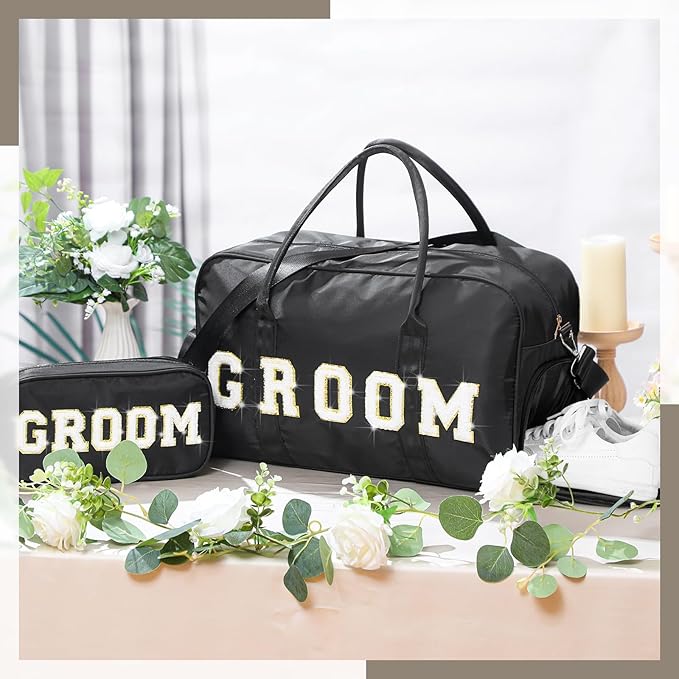 2 Pcs Wedding Weekender Bag Bride Groom Duffle Bag Chenille Letter Patch Travel for Bridal Shower Honeymoon Gift(Groom,Black)