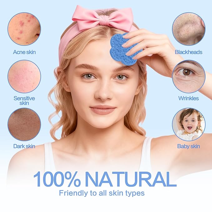 50-Count Facial Sponges, Natural, Blue, Modern Style, Reusable, Exfoliating, Cleansing, Makeup Removal, Travel-Friendly, Gift for Her