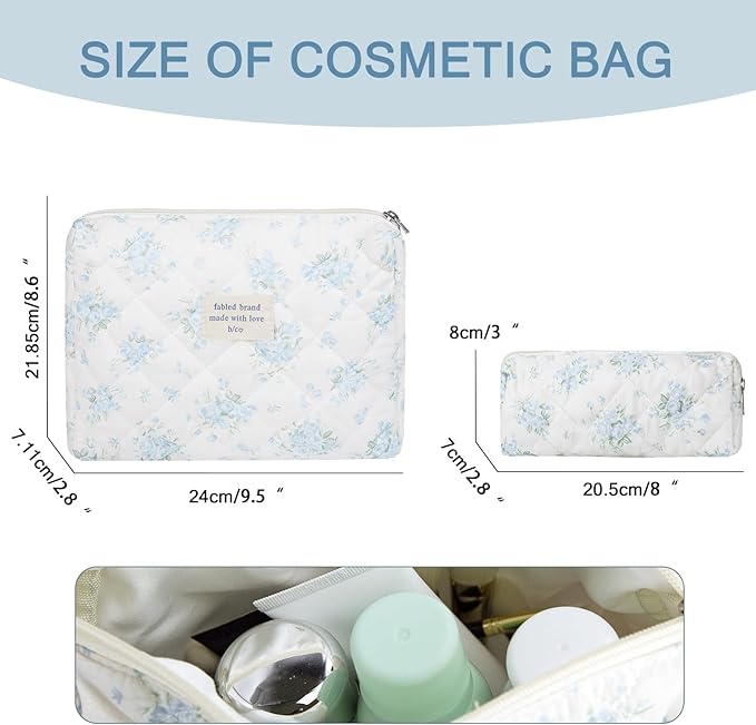 2PC Makeup Bag Set, Cute Cosmetic Bag for Women Girls, Floral Coquette Aesthetic Toiletry Bag, Travel Make Up Organizer Bag (Blue Rose)