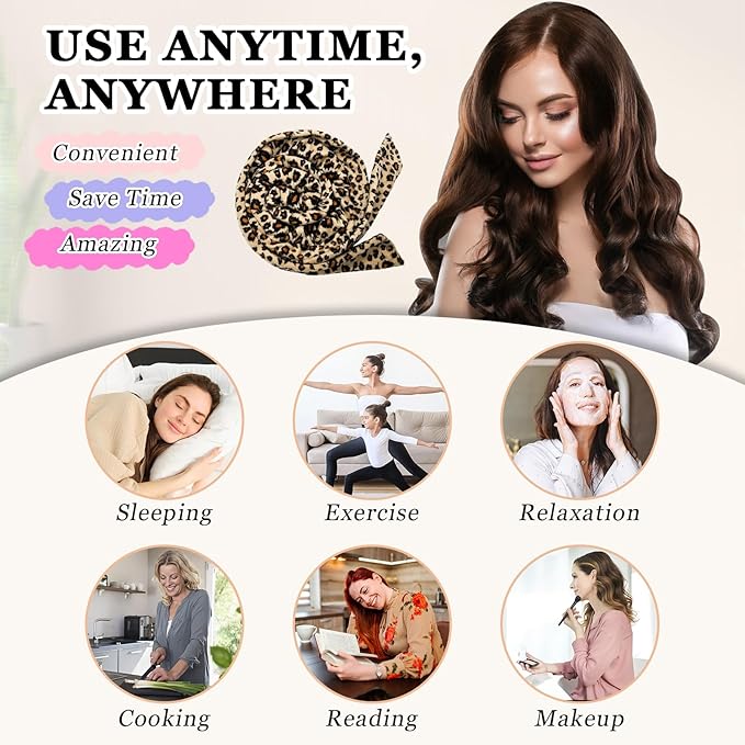 No Heat Overnight Curl Headband - 70" Soft Ribbon Wrap for Long Hair, 9 PCS Curling Rods Set - Leopard Print Curls Headband