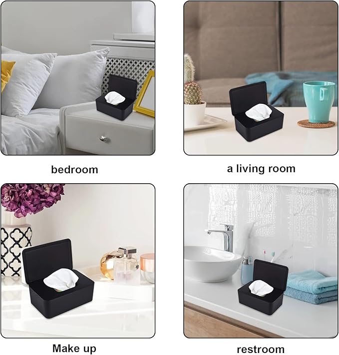 Cuayaes Black Tissue Box Cover, Refillable Baby Wipes Dispenser with Sealed Lid, Modern Desktop Tissue Box Holder Napkin Organizer Container for Bathroom Car Office