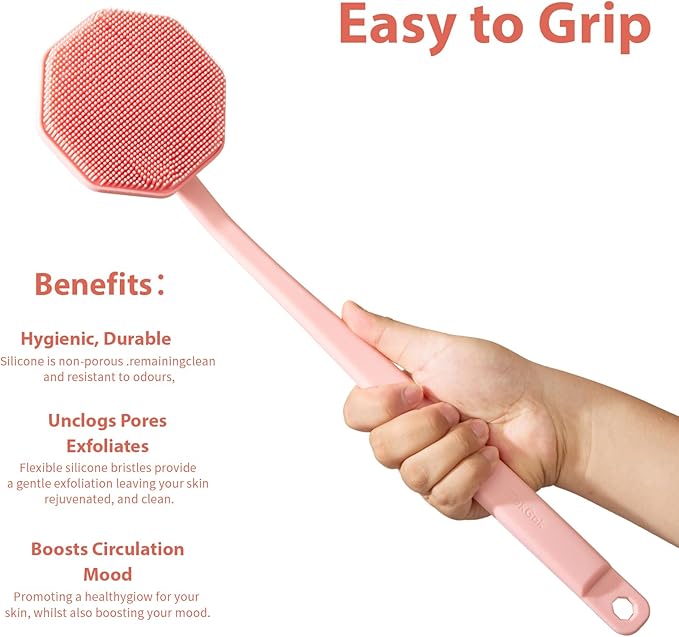 iTokGoK® Silver-Infused Silicone Back Scrubber with Long Handle Back Brush for Shower,Back Brush Long Handle for Men and Women,Ergonomic No-Slip Handle, Long-Lasting (Pink)