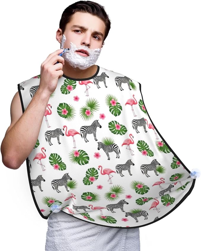 No-Slip Shaving Bib, Beard Grooming Apron with Strong Suction Cups, Green Palm Leaf Zebra Pink Flamingo Floral