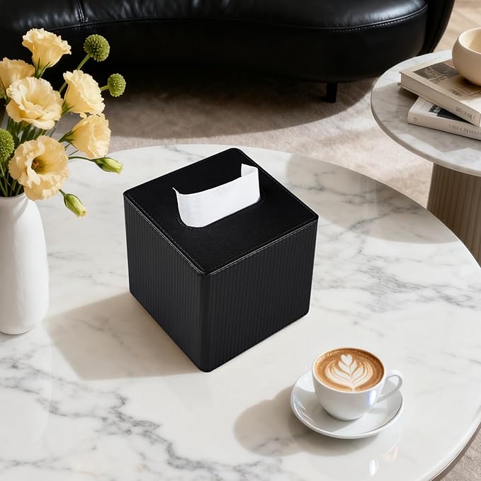 Tissue Box Cover Square with Magnetic Closure, PU Leather Tissue Box Holder for Bathroom NightStands Livingroom, Decorative Modern Square Tissue Holder (Black)