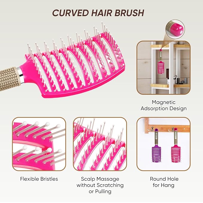2 Pack Curved Vented Detangling Brush for Wet and Dry Hair, Paddle Styling Hair Brush for Faster Blow Drying, Detangler Brush for Women Men Curly Thick Hair