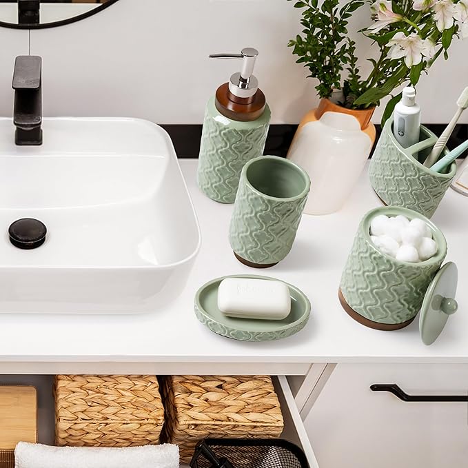 Elegant Bathroom Accessories Set 5 PCS Ceramic and Wood Bathroom Accessory Set Soap Dispenser Toothbrush Holder Tumbler Soap Dish Cotton Swab Jar Easy to Clean Quatrefoil Pattern Green