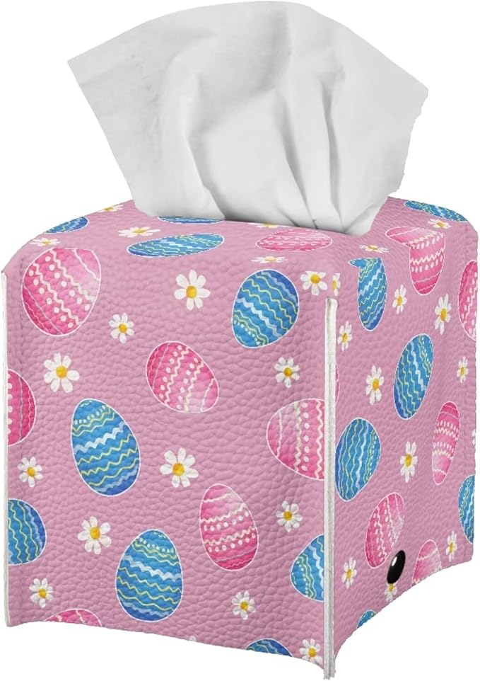 Pink Eggs Flower Tissue Box Case PU Leather Square Modern Asthetic Tissue Box Cover with Metal Button Waterproof Napkin Organizer for Home Office Car Bathroom Decor