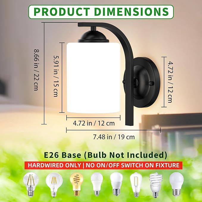 Wall Sconces Lights Lamp for Bedroom Bathroom, Modern Vanity Light Fixtures, Matte Black Farmhouse Wall Mount Lighting Lanterns with Glass Shade for Living Room Mirror Hallway Kitchen