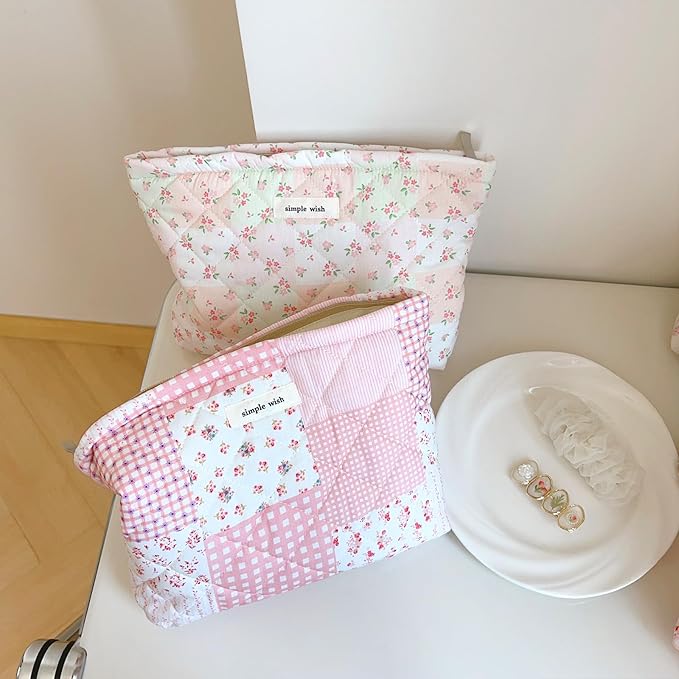 Floral Makeup Bag Large Cotton Quilted Cosmetic Makeup Bag Organizer, Cottagecore Aesthetic Portable Pouch Purse Toiletry Bag for Women Girls Travel accessories