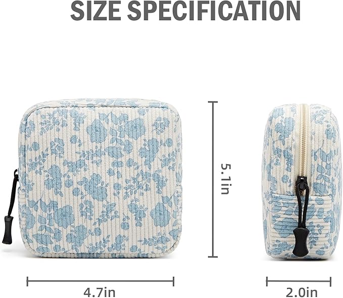 Small Makeup Bag for Purse,Mini Cosmetics Bag cute Zipper corduroy Cosmetic Pouch Storage Pouch Travel Toiletry Organizer for Women Girls(Plants Blue)
