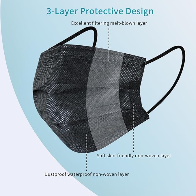 akgk 100Pcs Disposable Face Masks, Black Face Mask, 3 Ply Disposable Mask