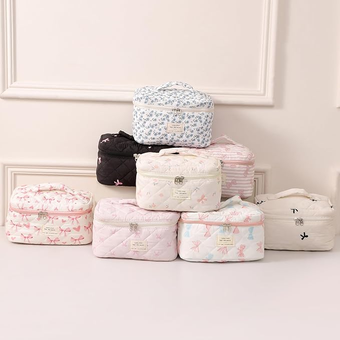 uekeboag 3Pcs Quilted Cotton Makeup Bag,Coquette Quilted Toiletry Bag for Women and Girls,Floral Coquette Pouch,Cute Kawaii Travel Cosmetic Bags(3Pcs Blue Flower)