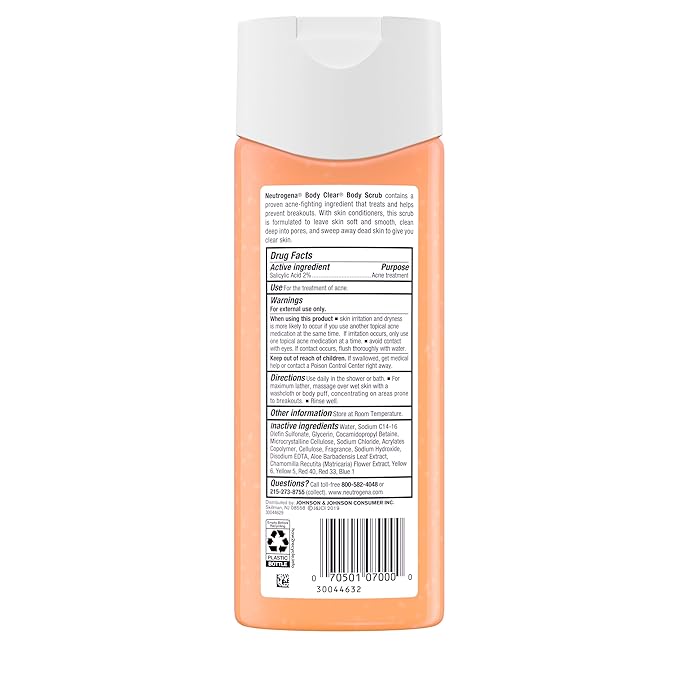 Neutrogena Body Clear Acne Body Wash and Exfoliating Body Scrub, 2% Salicylic Acid Cleanser, Chest, Shoulder & Back Acne Treatment, Non-Comedogenic, Oil-Free Shower Gel, 8.5 fl oz