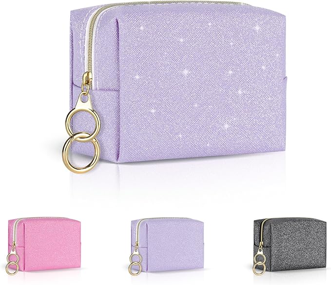 Mini Makeup Bag, Small Glitter Cosmetic Bag for Purse with Ring Buckle, Portable XS Travel Makeup Pouch for Girls Women Daily Use (Purple)