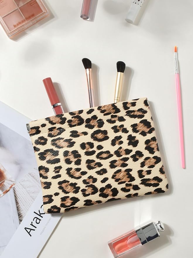 Leopard Leather Small Makeup Pouch for Women,Cosmetic Accessories,Waterproof and Portable Cosmetic Bag,Self-closing, No Zipper, Aesthetic Storage Pouch,Lipstick for Purse,Apricot Color