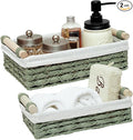 Baskets for Organizing, Set of 2 Green Wicker Bathroom Countertop Baskets with Liner, Paper Rope Basket Organizer with Wooden Handles for Vanity, Counter, Shelf Storage