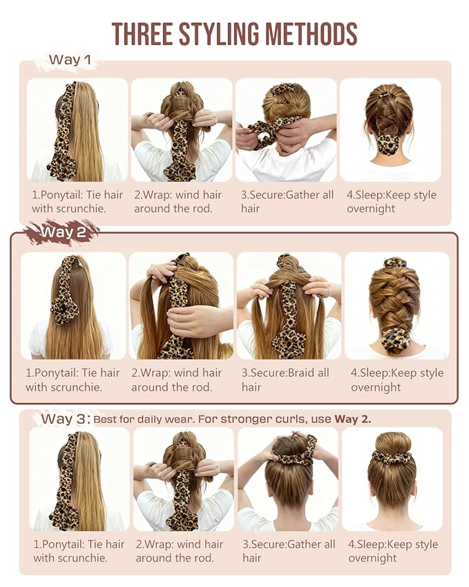 BONNET QUEEN Multi-function Satin Heatless Hair Curler & Hair Tie Non-Heating Hair Roller Curling Rod with Scrunchie, Large, Leopard(For Big Curls)