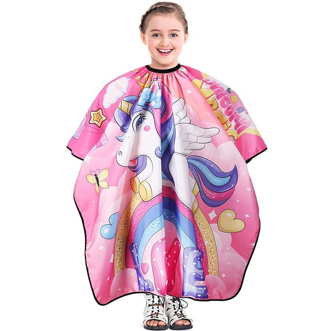 DOKKIA Barber Hair Cutting Cape Kids Children Toddler Boys Girls Hairdressing Salon Styling Cloth Apron Cover Gown with Neck Duster Brush Unicorn Rainbow Pink