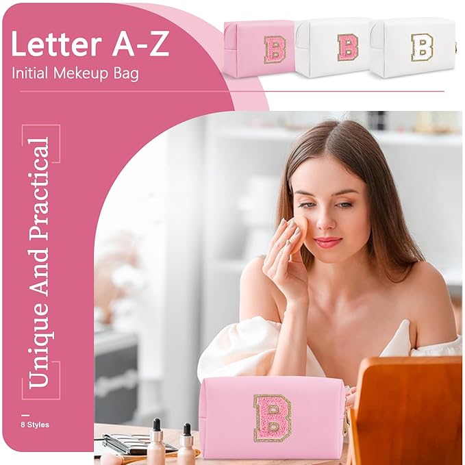 Personalized Initial A-Z Preppy Patch Makeup Bag,Small PU Leather Chenille Letter Cosmetic Bag with Zipper for Teen Girls,Pink Cute Travel Toiletry Bag,Birthday Monogrammed Gift for Daughter,Letter B