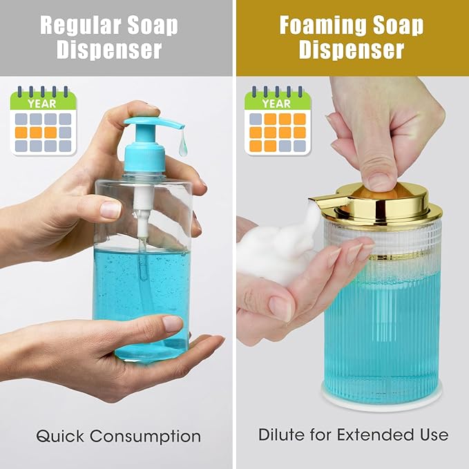 NiHome 14oz Multifunctional Glass Foaming Hand Soap Dispenser with Elegant Stripe Pattern, High-Capacity Easy to Refill for Home & Commercial Use, Advanced Foam Pump & Non-Slip Base (Gold)